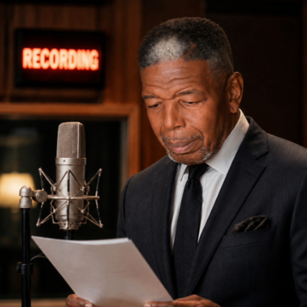 BIGLLOU Johnson reading copy at a studio microphone with a RECORDING sign behind him