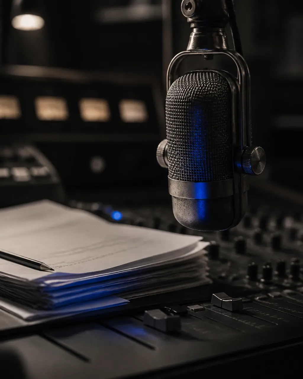 Editorial studio microphone and script detail